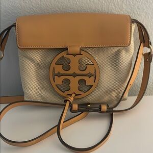 Tory Burch Tan and Cream Crossbody Bag with Structured Shape and Flap Closure